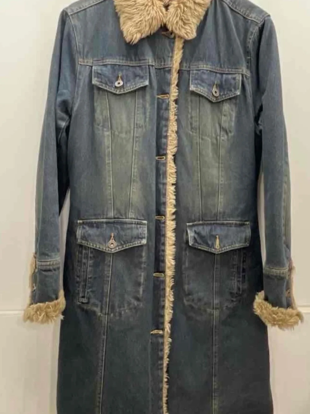 Steve Madden Denim Trench Coat with Faux Fur Trim in Blue and Tan